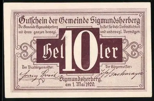 Notgeld Sigmundsherberg 1920, 10 Heller, Gutschein mit Unterschriften und Text zur Einlösung