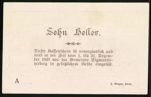 Notgeld Sigmundsherberg 1920, 10 Heller, Gutschein mit Unterschriften und Text zur Einlösung