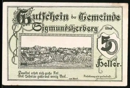 Notgeld Sigmundsherberg 1920, 50 Heller, Stadtansicht mit Zitat über Not und Brot