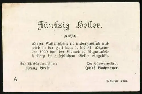 Notgeld Sigmundsherberg 1920, 50 Heller, Stadtansicht mit Zitat über Not und Brot