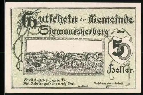 Notgeld Sigmundsherberg 1920, 50 Heller, Stadtansicht und Zitate über Knappheit