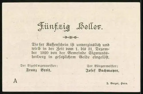 Notgeld Sigmundsherberg 1920, 50 Heller, Stadtansicht und Zitate über Knappheit