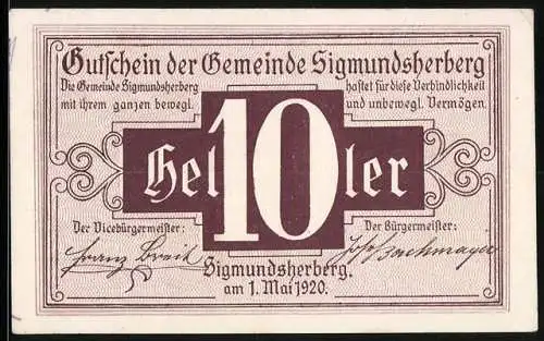 Notgeld Sigmundsherberg 1920, 10 Heller, Gutschein mit floralen Verzierungen