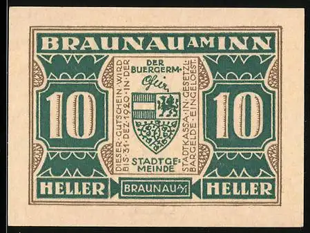 Notgeld Braunau am Inn, 10 Heller, Wappen und Ratsherr Steininger 1567