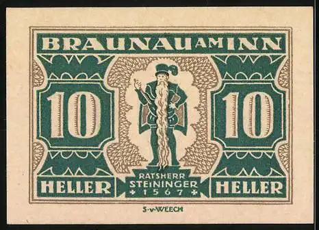 Notgeld Braunau am Inn, 10 Heller, Wappen und Ratsherr Steininger 1567