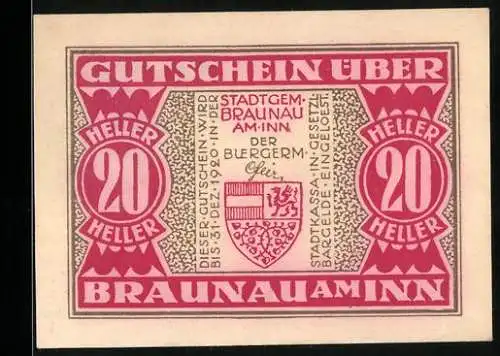 Notgeld Braunau am Inn, 20 Heller, Wappen und Stadtansicht, 1920er Jahre