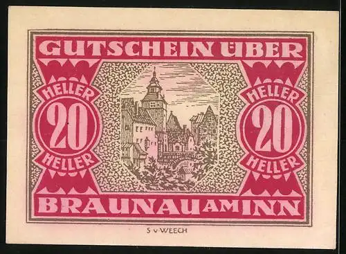 Notgeld Braunau am Inn, 20 Heller, Wappen und Stadtansicht, 1920er Jahre