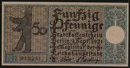 Notgeld Berlin-Kreuzberg 1921, 50 Pfennig, Hallesches Tor 1845, Bär und Seriennummer 912241