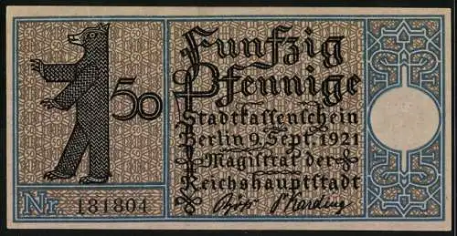 Notgeld Berlin-Charlottenburg 1921, 50 Pfennig, Berliner Strasse mit Kutschen, Seriennummer 181804, Bär-Motiv