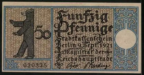 Notgeld Berlin-Spandau 1921, 50 Pfennig, Stadtansicht mit Segelboot und Bär, Nr. 020335