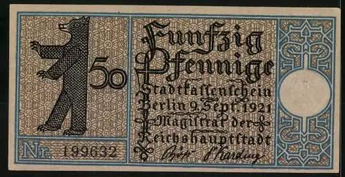 Notgeld Berlin-Wilmersdorf 1921, 50 Pfennig, Jagdschloss Grunewald und Berliner Bär, Nr. 199632