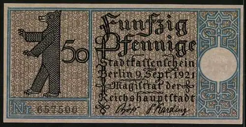 Notgeld Berlin-Schöneberg 1921, 50 Pfennig, Dorf Schöneberg und Berliner Bär, Nr. 657500