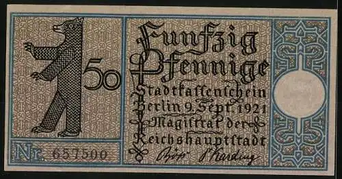Notgeld Berlin-Steglitz 1921, 50 Pfennig, mittelalterliche Kirche, Bär und Seriennummer 657500