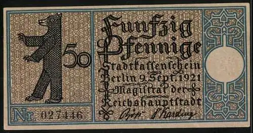 Notgeld Berlin-Treptow 1921, 50 Pfennig, Gasthaus am Wasser mit Bär und Seriennummer 027446