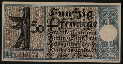 Notgeld Berlin-Köpenick 1921, 50 Pfennig, Segelschiff und Berliner Bär, Nr. 418971