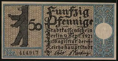 Notgeld Berlin-Weissensee 1921, 50 Pfennig, Stadtansicht mit Kutsche und Bär, Nr. 414917