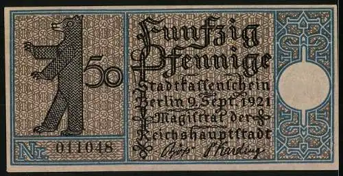 Notgeld Berlin-Reinickendorf 1921, 50 Pfennig, Bär und Mühle in Tegel, Nr. 011048