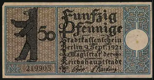 Notgeld Berlin-Pankow 1921, 50 Pfennig, Gehöft-Motiv und Berliner Bär, Nr. 219905
