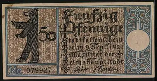 Notgeld Berlin-Friedrichshain 1921, 50 Pfennig, Überfahrt zum Stralauer Fischzug 1825, Nr. 079927, Berliner Bär