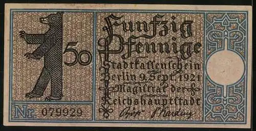 Notgeld Berlin-Friedrichshain 1921, 50 Pfennig, Strausberger Überfahrt 1825, Bär, Seriennummer 079929