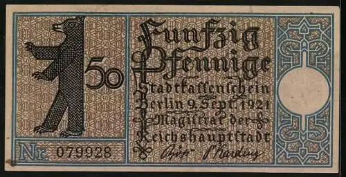 Notgeld Berlin-Friedrichshain 1921, 50 Pfennig, Überfahrt zum Stralauer Fischzug 1825, Bär und Seriennummer 079928