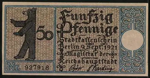 Notgeld Berlin-Tiergarten 1921, 50 Pfennig, Dampfschiff und Bär, Nr. 927918