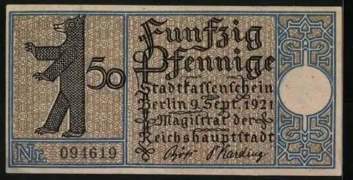 Notgeld Berlin-Tiergarten 1921, 50 Pfennig, Dampfschiff und Berliner Bär, Nr. 094619