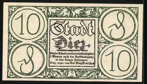 Notgeld Diez 1920, 10 Pfennig, Stadtansicht mit lateinischem Spruch und Verzierungen