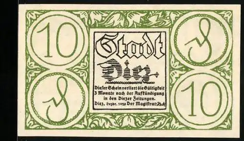 Notgeld Diez 1920, 10 Pfennig, Stadtansicht mit lateinischem Zitat und Wappen