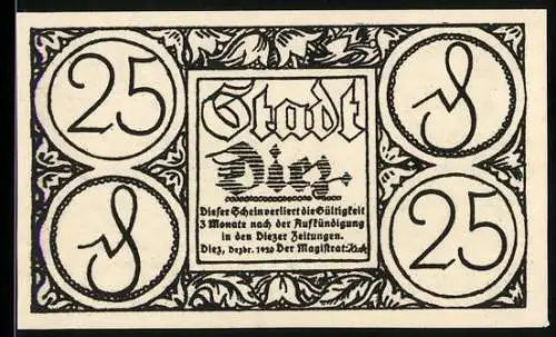 Notgeld Diez 1920, 25 Pfennig, Stadtansicht und lateinische Inschrift