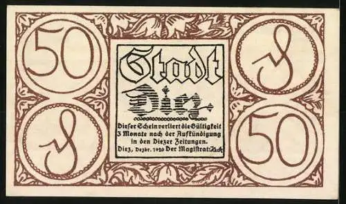 Notgeld Diez 1920, 50 Pfennig, Stadtansicht mit lateinischen Inschriften und Stadtwappen