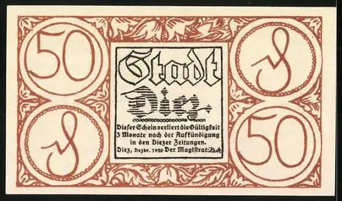 Notgeld Diez 1920, 50 Pfennig, Stadtansicht mit lateinischem Text und Ornamenten