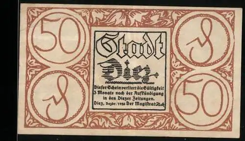 Notgeld Diez 1920, 50 Pfennig, Stadtansicht und lateinische Inschrift