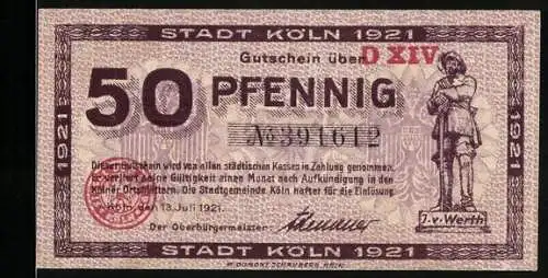 Notgeld Köln 1921, 50 Pfennig, Statue und Jan un Griet Abschiedsszene, Wappen