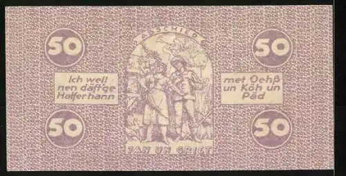 Notgeld Köln 1921, 50 Pfennig, Statue und Jan un Griet Abschiedsszene, Wappen