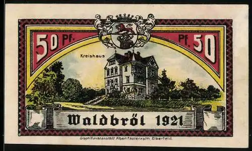 Notgeld Waldbröl 1921, 50 Pfennig, Kreishaus und Landschaft mit Arbeitern, Seriennummer 012129, Wappen