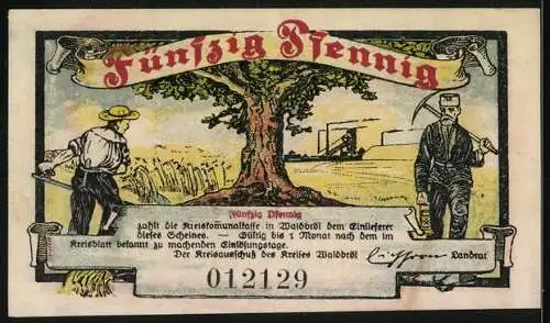 Notgeld Waldbröl 1921, 50 Pfennig, Kreishaus und Landschaft mit Arbeitern, Seriennummer 012129, Wappen