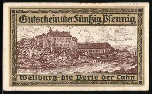 Notgeld Weilburg 1920, 50 Pfennig, Schloss Weilburg, Seriennummer 60981, Stadtwappen