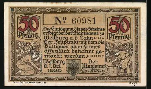 Notgeld Weilburg 1920, 50 Pfennig, Schloss Weilburg, Seriennummer 60981, Stadtwappen