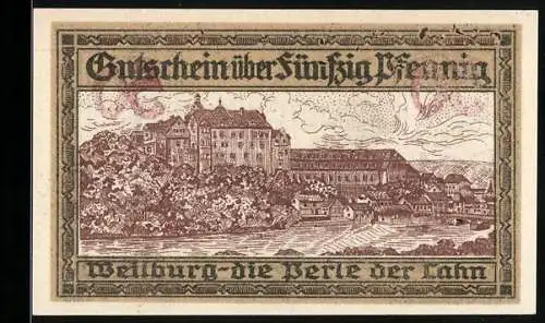 Notgeld Weilburg 1920, 50 Pfennig, Schlossansicht und Arbeiter, Seriennummer 77487, Wappen