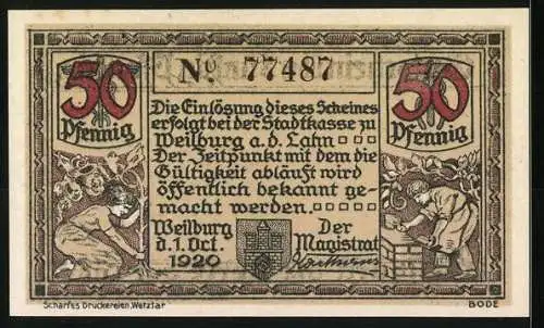 Notgeld Weilburg 1920, 50 Pfennig, Schlossansicht und Arbeiter, Seriennummer 77487, Wappen