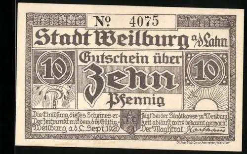 Notgeld Weilburg 1920, 10 Pfennig, Landwirtschaftsschule und junger Mann mit Weizen, Nr. 4075