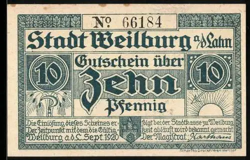 Notgeld Weilburg 1920, 10 Pfennig, Landwirt vor landwirtschaftlicher Schule und Karte, Seriennummer 66184