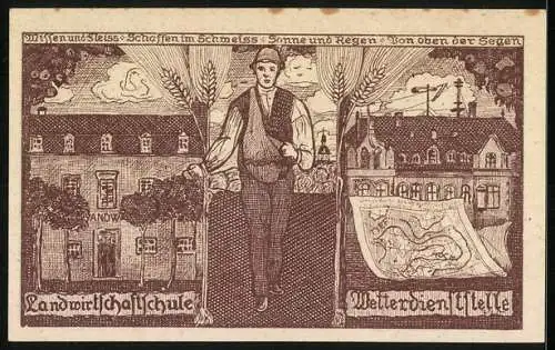 Notgeld Weilburg 1920, 10 Pfennig, Landwirt vor landwirtschaftlicher Schule und Karte, Seriennummer 66184