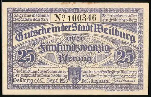 Notgeld Weilburg 1920, 25 Pfennig, Bergmann mit Bergwerk und Verwaltungsgebäude, Nr. 100346