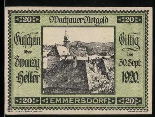 Notgeld Spitz a. d. Donau 1920, 20 Heller, Emmersdorf mit Kirche und Landschaft, gültig bis 30. September 1920