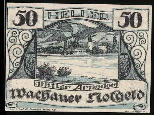 Notgeld Spitz / Donau 1920, 50 Heller, Mitter-Arnsdorf mit Kirche und Flussufer, Wachauer Notgeld