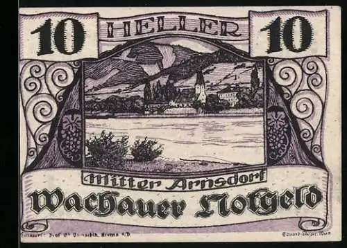 Notgeld Spitz / Donau 1920, 10 Heller, Mitter Arnsdorf mit Donau und Dorfansicht