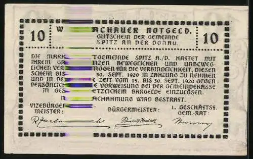Notgeld Spitz / Donau 1920, 10 Heller, Mitter Arnsdorf mit Donau und Dorfansicht