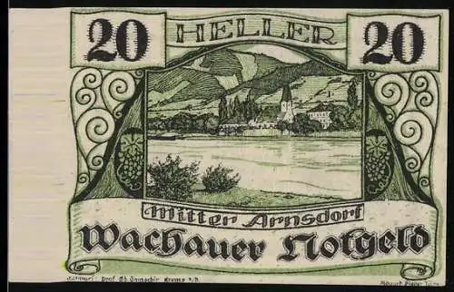 Notgeld Spitz an der Donau 1920, 20 Heller, Mitter Arnsdorf mit Kirche und Fluss